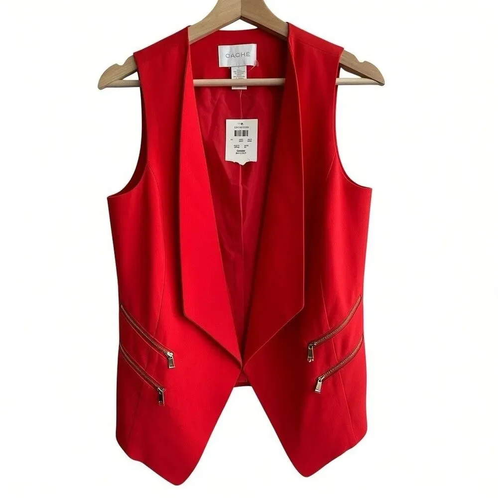 Cache Open Vest 6 Red NEW gold accents Drapery Sleeveless